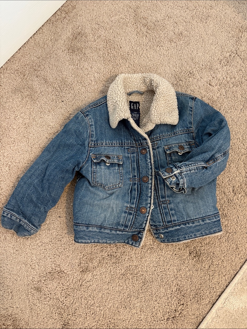 GAP Kids Blue Denim Jacket with Cream Sherpa Collar